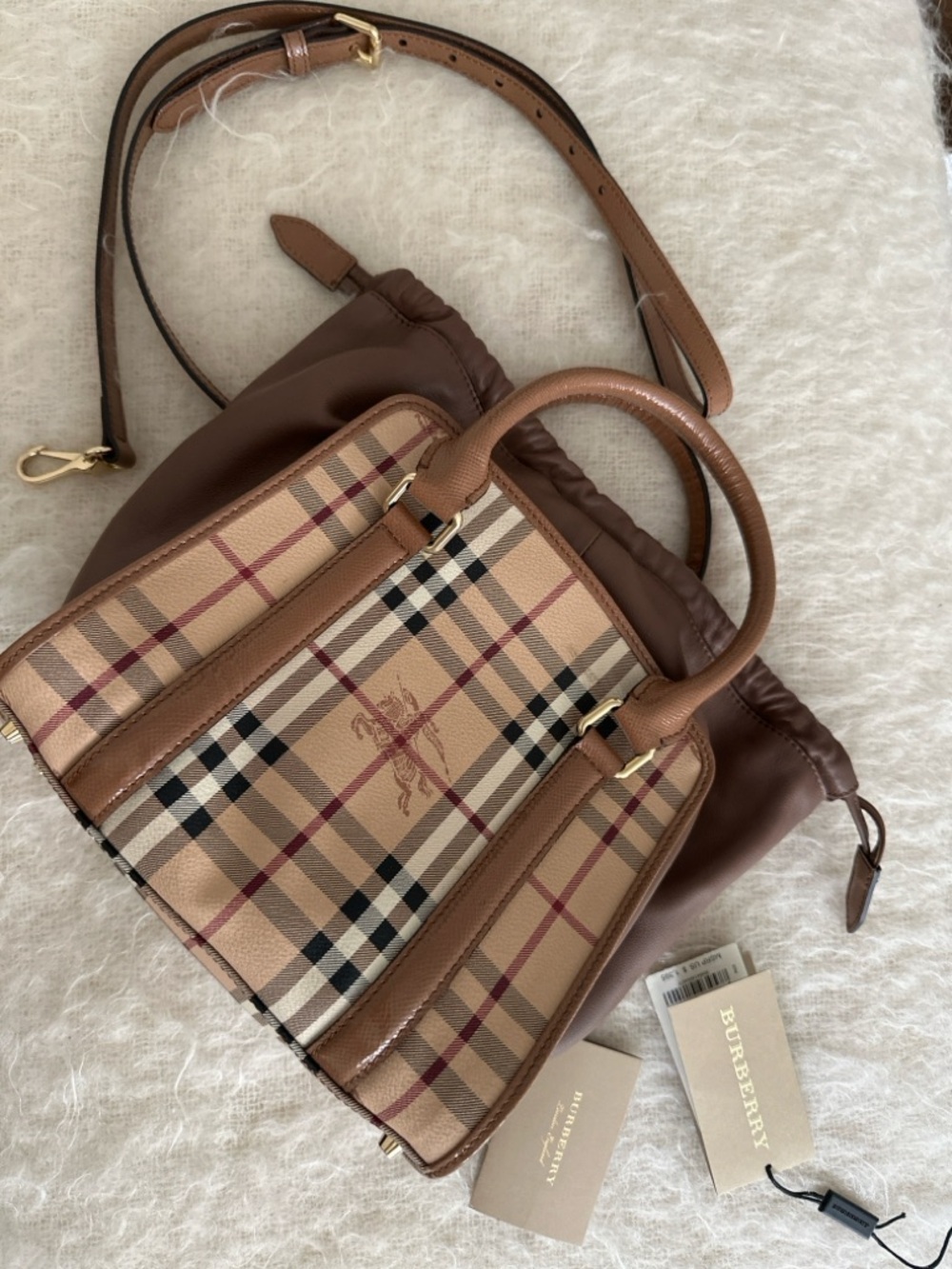 Burberry Haymarket Check Small Dinton Tote Bag Camel Leather Crossbody Vintage